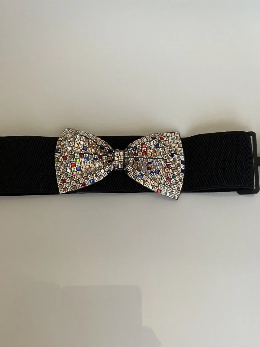NWT Y2K Glam Multicolor Rhinestone Bow Elastic Waist Belt Black M/L Party